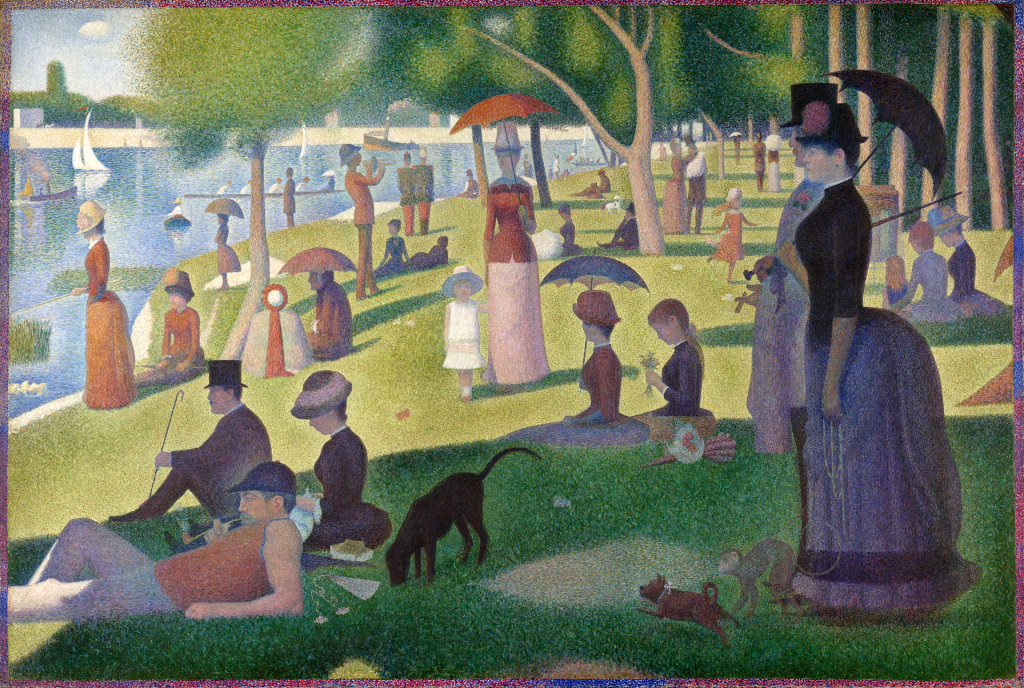 Park scene of figures relaxing by a river rendered in dots of colour