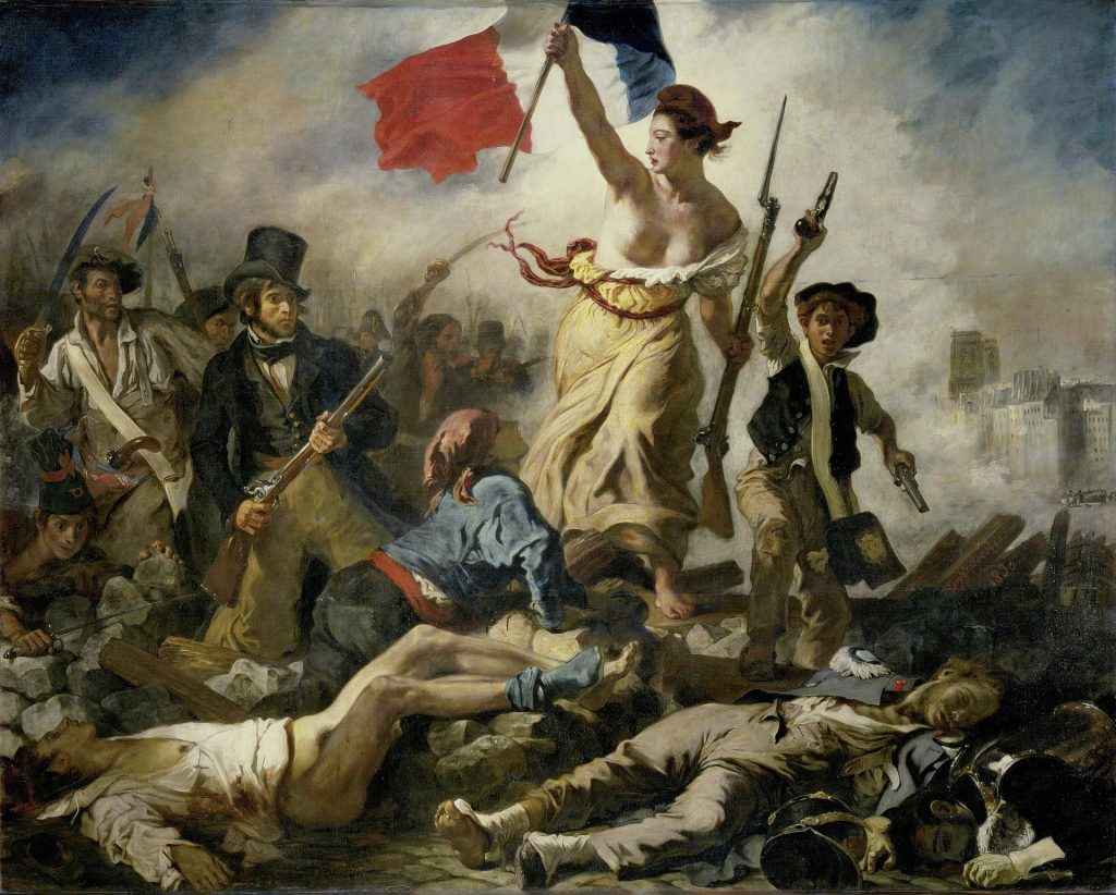 Allegorical Liberty holding a flag above fighters at a Paris barricade