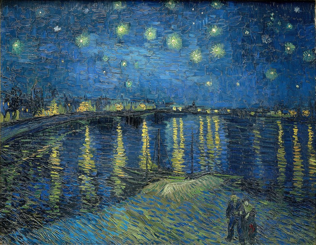 Night sky with swirling stars above the Rhône, gas lights reflecting on dark water